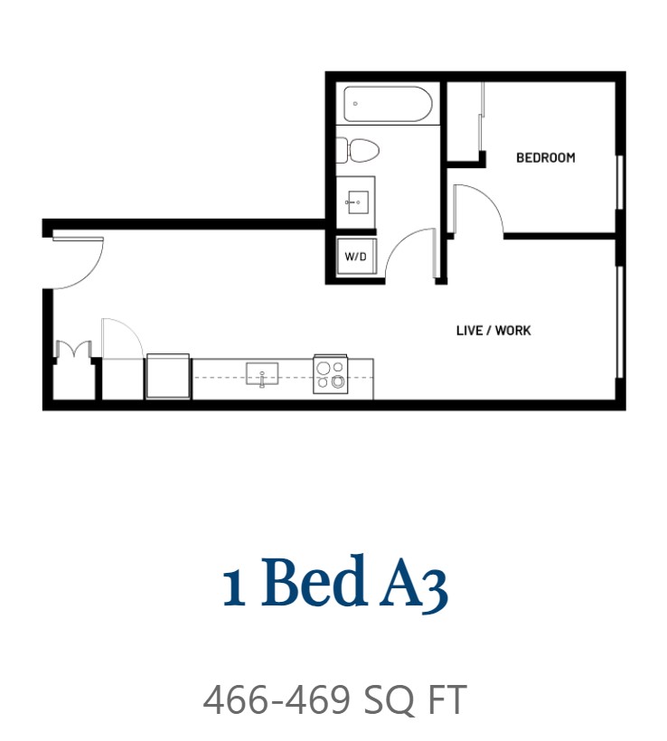 Floor plan for 1 bed, 1 bath, 466 sqft